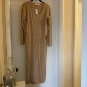 LOFT Camel Ribbed Long Sleeve Midi Dress